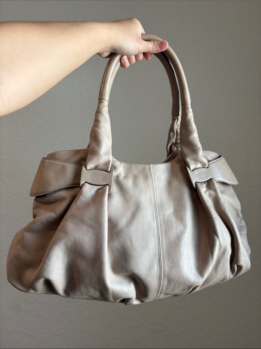 Salvatore Ferragamo Taupe Soft Leather Satchel Handbag